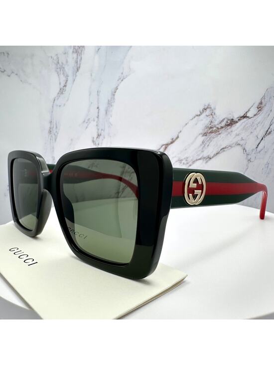 CLASSY New GUCCI Sunglasses Black Gold 3D Metal Logo Square Red Green Arms main image 15